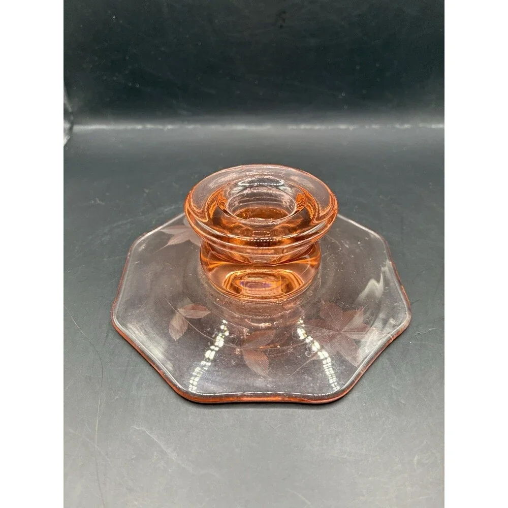 Vintage Pink Depression Glass Pillar Candle Holder Etched Floral Design